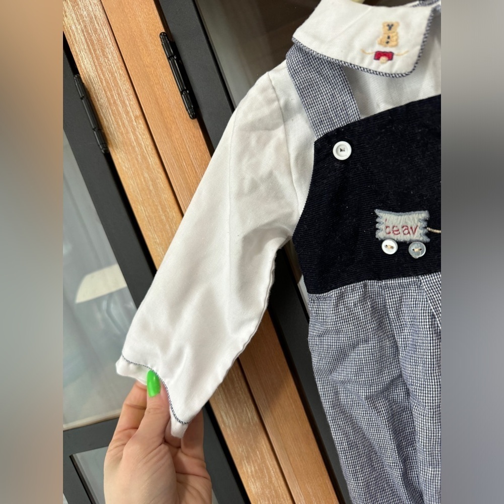 Vintage teddy bear coverall embroidered overalls baby boy collar train gingham - Picture 7 of 9